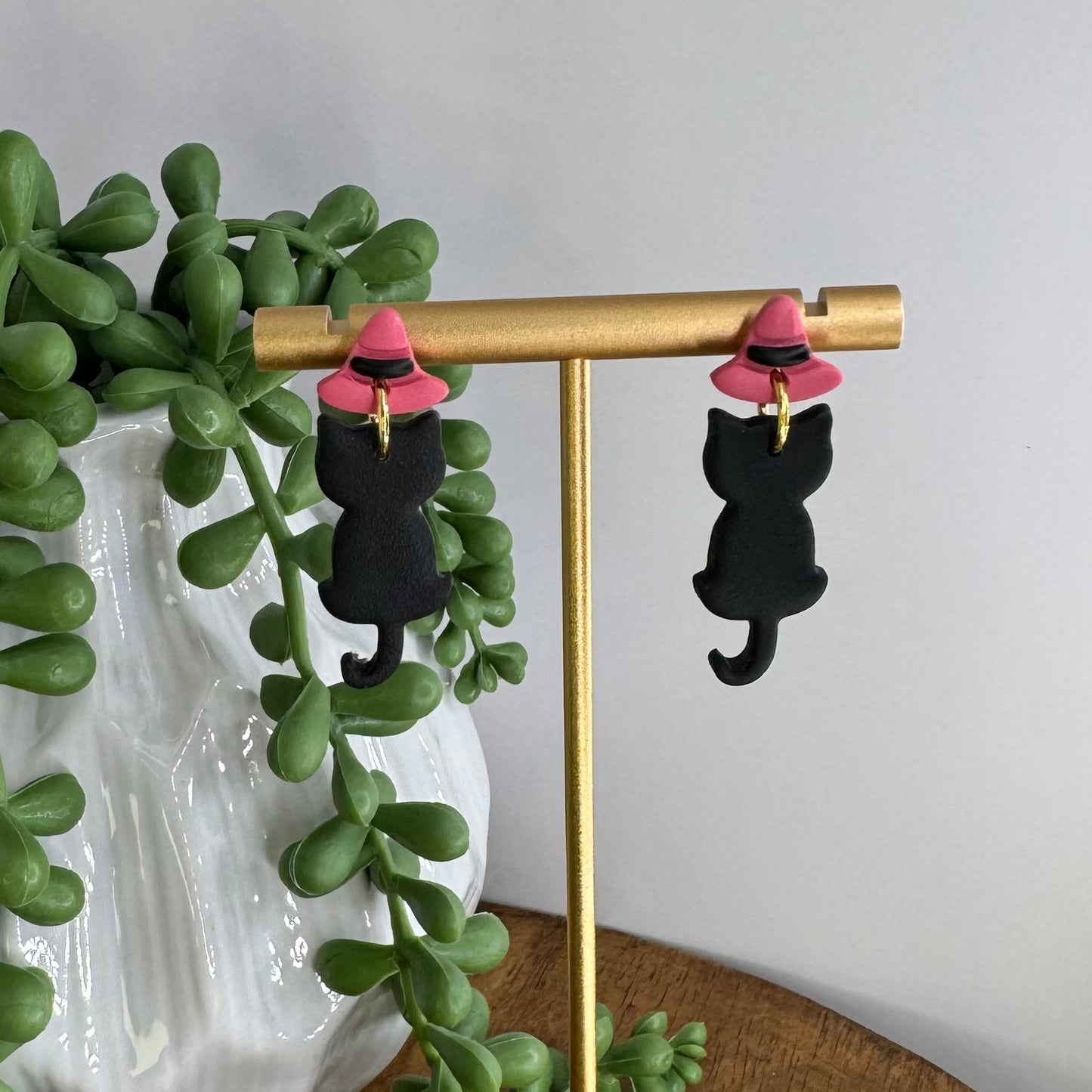 Cat in Witch Hat Dangle Post Earrings Pink