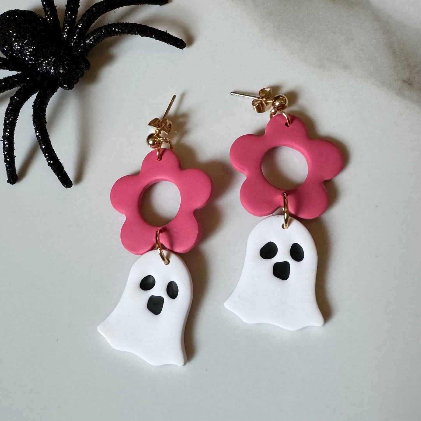 Ghost Flower Dangle Post Earrings Pink