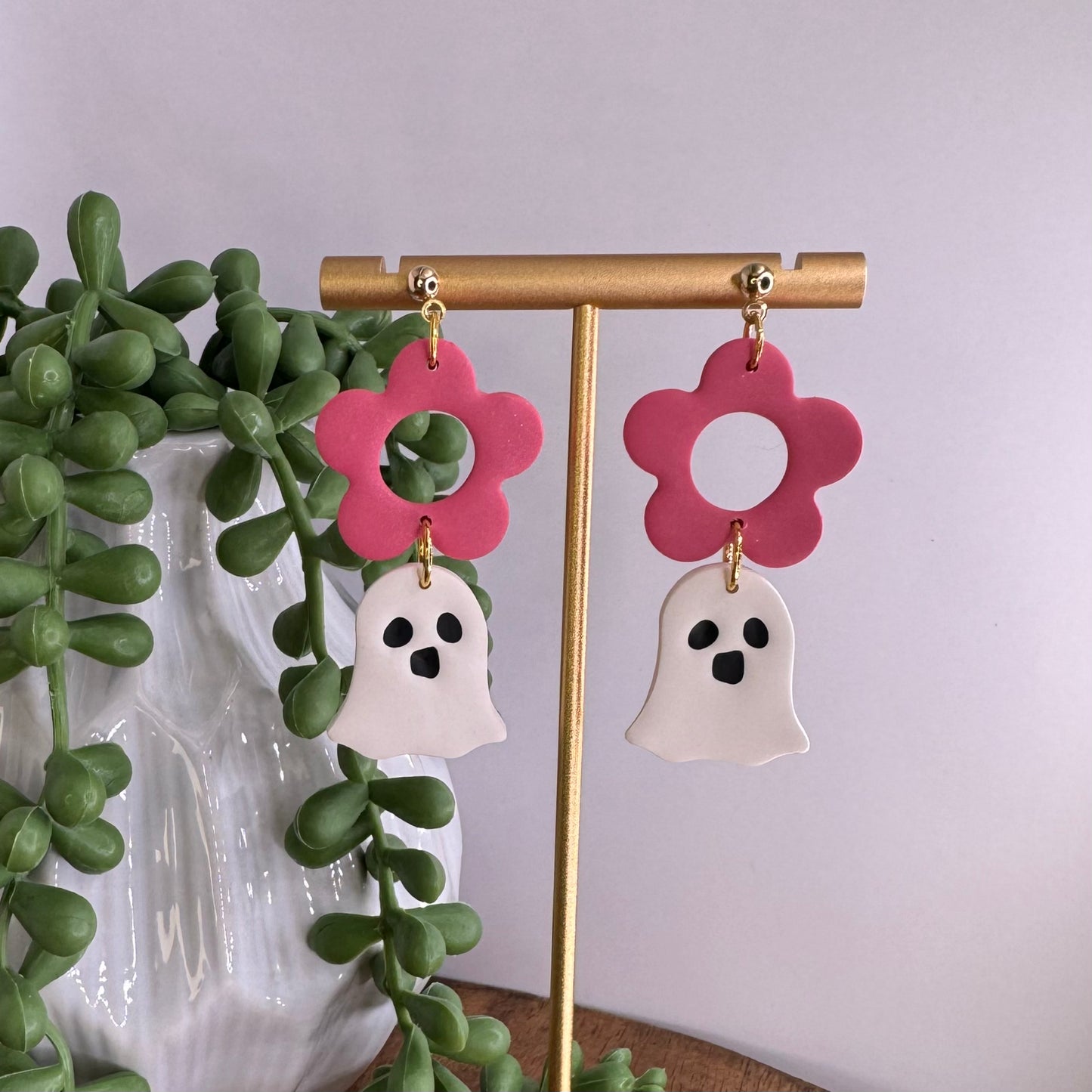 Ghost Flower Dangle Post Earrings Pink