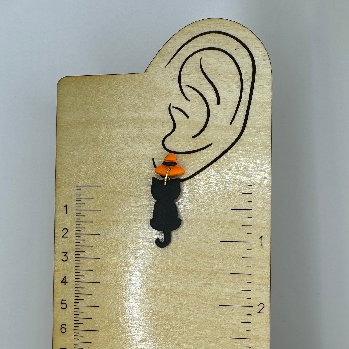 Cat in Witch Hat Dangle Post Earrings Orange