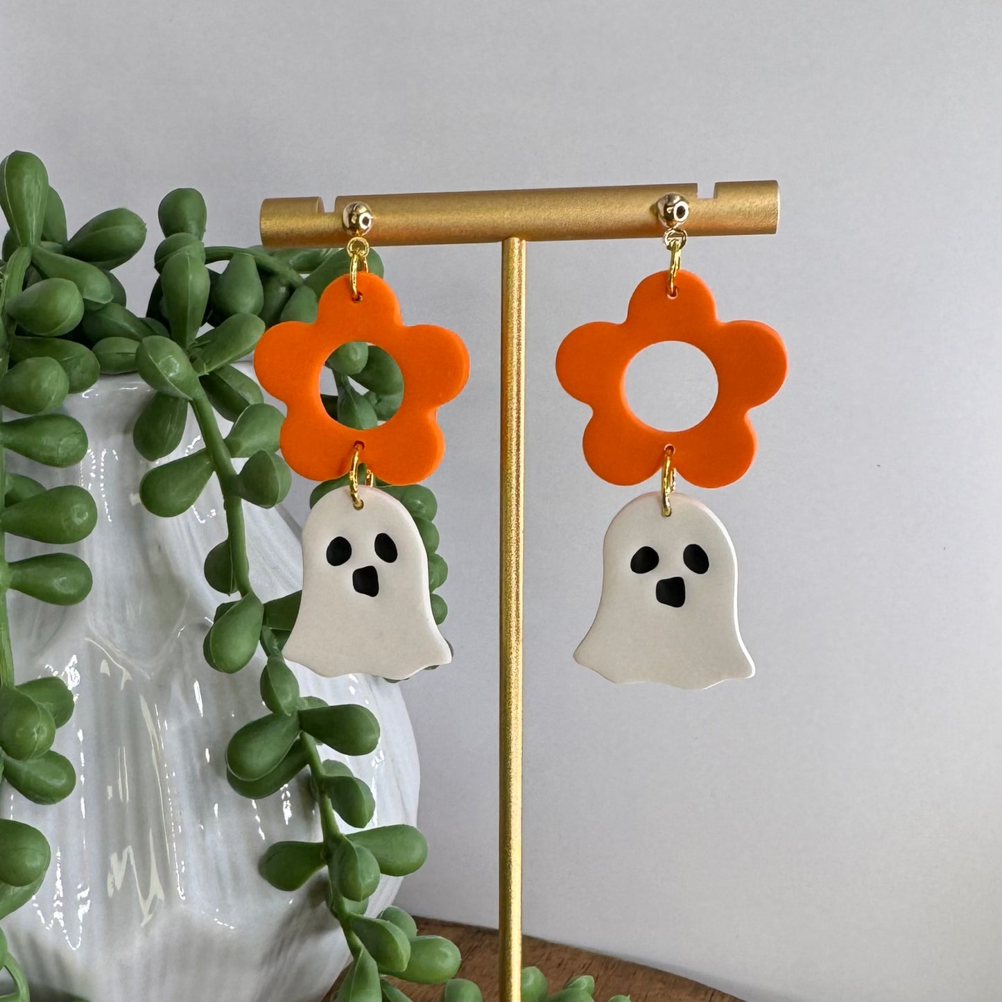 Ghost Flower Dangle Post Earrings Orange