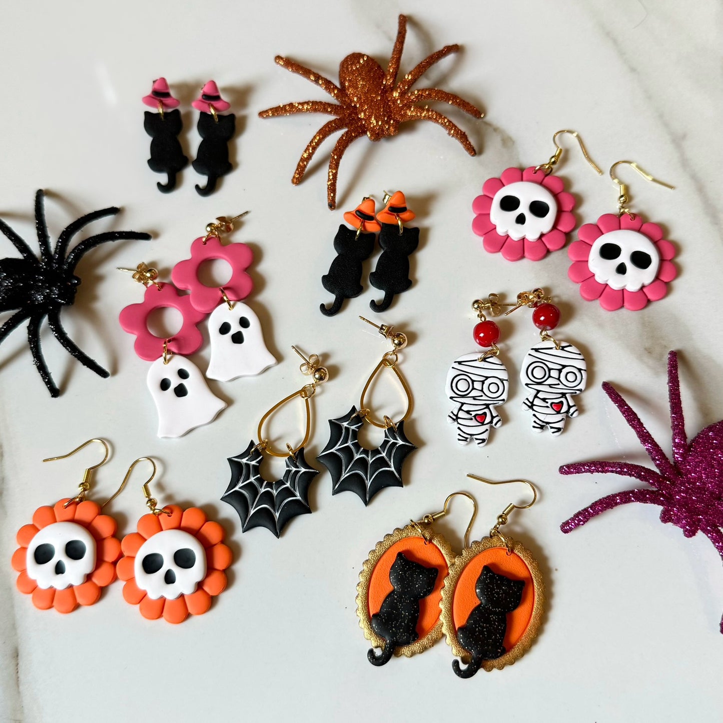 Ghost Flower Dangle Post Earrings Orange